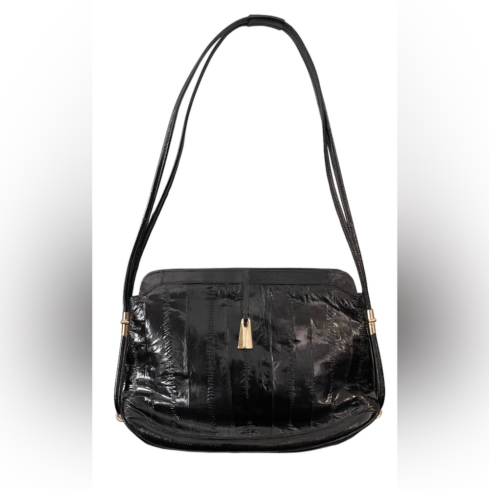 Genuine Eel Skin Leather 2 Compartments Black Shoulder Bag Made in Korea